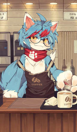 4_fingers adolescent anthro apron beverage blue_body blue_fur blue_hair blush cafe claws clothed clothed_anthro clothed_male clothing coffee coffee_mug cute_fangs eyewear fangs finger_claws fingers fur glasses hair half-closed_eyes kemono kerchief looking_at_viewer male male_anthro narrowed_eyes neckerchief neckwear nipples off_shoulder pawpads paws round_glasses smug solo teeth wearing_glasses white_body white_fur yellow_eyes young young_anthro young_male sosak0622 canid canine mammal 2023 absurd_res digital_media_(artwork) hi_res