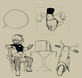 anthro biped bottomwear bracelet breasts clothing electronics female fingers footwear frown fur furniture hair holding_object holding_phone jacket_around_waist jewelry motorcycle navel phone shoes sitting skirt solo table tail vehicle divucup canid canine canis domestic_dog mammal hi_res
