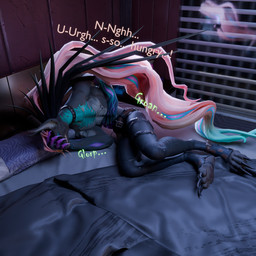anthro bed claws clothed clothing collar digitigrade furniture hair hairless long_hair lying lying_on_bed male on_bed on_side pink_hair solo toe_claws vore malunisisos dislyte lilith_games liam_(dislyte) canid canine canis domestic_dog hairless_dog mammal primitive_dog xoloitzcuintli 1:1 3d_(artwork) digital_media_(artwork) hi_res
