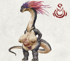 anthro areola belly belly_markings big_belly big_breasts breasts brown_areola brown_nipples countershading female grey_body long_neck markings mouth_closed navel nipples non-mammal_breasts non-mammal_navel non-mammal_nipples nude overweight overweight_anthro overweight_female pubes red_pubes simple_background solo standing tail tan_body tan_breasts tan_countershading unsigned upai dinosaur prehistoric_species reptile sauropod sauropodomorph scalie full-length_portrait portrait