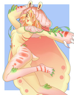 anthro clothing ear_markings female fur fur_markings happy markings oceanic smile solo squeezing yellow_body evangelina_pinku aquatic aquatic_gastropod gastropod jorunna_parva mollusk nudibranch sea_slug slug absurd_res digital_drawing_(artwork) digital_media_(artwork) digital_painting_(artwork) hi_res painting_(artwork)