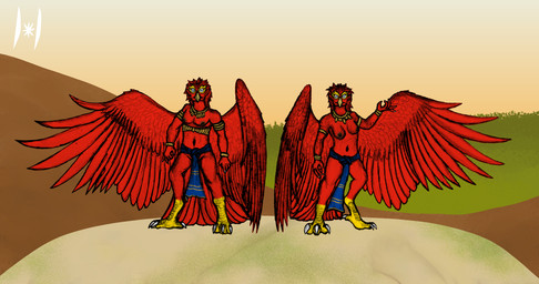 anthro areola beak blue_clothing blue_eyes bottomwear bracelet breasts brown_areola brown_nipples clothed clothing duo dusk feathered_wings feathers feet female forearm_bracelet forearms forest forest_background gesture gold_(metal) gold_bracelet gold_jewelry gold_trim hand_gesture hill ineffective_clothing jewelry loincloth looking_at_viewer male moss mountain multicolored_body muscular muscular_anthro muscular_female muscular_male nature nature_background navel necklace nipples plant pointy_ears pose red_body red_feathers red_skin red_wings skimpy skimpy_bottomwear skimpy_underwear standing sunset tail tail_feathers talons toes topless tree tribal two_tone_body waist_accessory white_talons wings yellow_beak yellow_body yellow_feathers haribunawa garuda krut avian kruthaya 2024 absurd_res hi_res