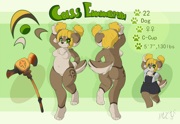 anthro blonde_hair breasts cass_emmeran clothing digitigrade eyebrows eyelashes female floppy_ears fluffy fluffy_chest green_eyes hair hammer navel nude overalls paws smile solo tattoo tools kemotobi canid canine canis domestic_dog mammal 2014 model_sheet