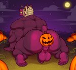 anthro anus balls big_balls big_penis butt clenched_teeth fangs flaccid foreskin fur genitals humanoid_genitalia humanoid_penis jack-o'-lantern male multicolored_body multicolored_fur mummy_wrappings muscle_tone muscular muscular_anthro muscular_male no_pupils object_in_ass outdoor_nudity penis perineum purple_body purple_fur solo teeth two_tone_body two_tone_fur wide_eyed hotdogsauau bear mammal hi_res