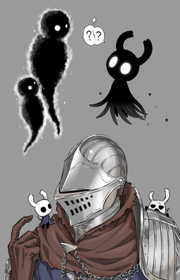 2_horns ambiguous_gender armor biped black_body black_eyes cloak clothing fingers grey_background group headgear helmet horn melee_weapon nail_(weapon) open_mouth question_mark simple_background sitting weapon weapon_on_back white_eyes arizuka00 dark_souls fromsoftware hollow_knight team_cherry shade_(hollow_knight) the_knight_(hollow_knight) zote_(hollow_knight) arthropod humanoid shadow_creature vessel_(species) 2021 crossover hi_res