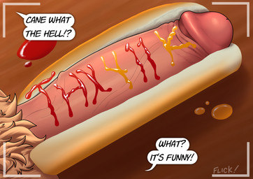 anthro big_penis camera camera_hud camera_view condiment condiment_on_penis dialogue food food_fetish food_play foreskin genitals hot_dog ketchup male mustard penis penis_hot_dog pubes retracted_foreskin sex solo speech_bubble stuffing text vein veiny_penis flicklock cane_(flicklock) bird_dog canid canine canis domestic_dog golden_retriever hunting_dog mammal retriever absurd_res english_text hi_res
