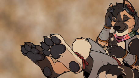 anklet anthro black_body black_fur black_hair black_nose bottomwear brown_body brown_fur claws clothed clothing ear_piercing ear_ring electronics feather_jewelry feet foot_focus fur hair headphones heel_pad jewelry kerchief listening_to_music male padded_palms pawpads paws piercing ring_piercing shorts tan_body tan_fur toe_claws topwear vest white_body white_fur silveredge paint_(razim) african_wild_dog canid canine mammal 16:9 2026 4k absurd_res hi_res widescreen