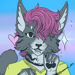 ambiguous_gender anthro black_pawpads clothed clothing femboy hair looking_at_viewer male open_mouth pawpads piercing pink_hair simple_background smile solo tabby_fur teeth teeth_showing bonekeeper domestic_cat felid feline felis mammal tabby_cat 1:1 bust_portrait icon portrait