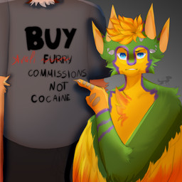 4_ears 4_fingers anthro clothed clothing feathered_wings feathers fingers fur gesture green_body green_feathers hand_gesture male multi_ear multicolored_body multicolored_fur orange_body orange_feathers pointing purple_body purple_feathers solo text winged_arms wings yellow_body yellow_feathers unknown_artist tiskanomicon avali avian 1:1 hi_res