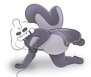 diaper diapersuit hitachi_magic_wand male plushie raised_leg sex_toy skunksuit smug solo vibrator wand_vibrator moopleplush moople_(moopleplush) bovid caprine goat mammal mephitid skunk hi_res