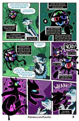 ambiguous_gender amputee anthro blue_eyes bodily_fluids crossed_arms crying dialogue disability duo overweight prosthetic prosthetic_wing sad sitting tears text transformation vore wings furufoo avali void_being void_monster absurd_res comic english_text hi_res url nonbinary_(lore)