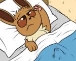 2019 5:4 bed bodily_fluids brown_body brown_fur bulge canid clothing comic digital_media_(artwork) eevee erection feral fur furniture generation_1_pokemon genital_fluids genitals male mammal morning_wood nintendo on_bed penis pokefound pokemon pokemon_(species) precum solo story story_in_description under_covers