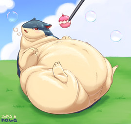 ambiguous_gender anus anus_only belly big_belly bodily_fluids breath bubble butt dessert featureless_crotch feral food lying monobutt morbidly_obese morbidly_obese_ambiguous morbidly_obese_feral null obese obese_ambiguous obese_feral on_back outside overweight overweight_ambiguous overweight_feral solo stuffing stylus sweat nawa nintendo pokemon generation_2_pokemon pokemon_(species) quilava 2019