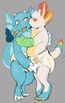 andromorph anthro benny_axolotl clothed clothing diaper digitigrade duo groping_crotch hug intersex kissing male smile tongue wearing_diaper snofu mythology everestdragon amphibian axolotl dragon marine mole_salamander mythological_creature mythological_scalie salamander scalie hi_res