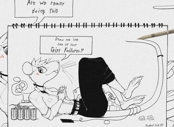 anthro barefoot battery blush bottomwear buckteeth cellphone choker claws clothing dialogue drawing_pad electronics feet female jewelry looking_at_viewer lying necklace on_back pen phone skirt solo speech_bubble teeth text whiskers wire gompami mammal murid murine rat rodent 2026 black_and_white english_text hi_res monochrome