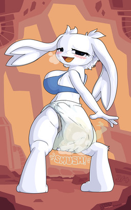 anthro bra clothing diaper feces female looking_at_viewer looking_back looking_pleasured rear_view smush soiled soiled_diaper soiling solo stink_fumes unclean_diaper underwear used_diaper swootydoo cave_story sue_sakamoto 5:8 absurd_res hi_res