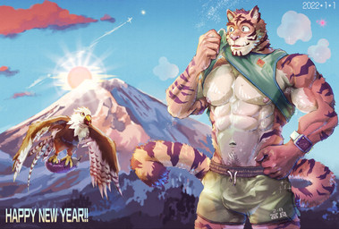 5_fingers anthro armpit_hair body_hair chest_tuft clock cloud detailed_background feral fingers fur happy_trail holiday_message holidays humanoid_hands male mountain muscular muscular_anthro muscular_male nipples pink_nipples pubes solo striped_body striped_fur stripes sun text tuft watch wristwatch suamaru0808 chinese_zodiac new_year year_of_the_tiger accipitrid accipitriform avian bird eagle felid mammal pantherine tiger 2022 english_text hi_res