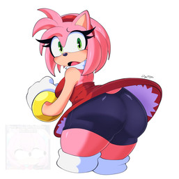 accessory anthro big_butt boots bottomwear bracelet butt clothing dress eyelashes female footwear fur gloves green_eyes hair_accessory hairband handwear jewelry legwear pink_body pink_fur shoes shorts simple_background solo tail thigh_boots thigh_highs white_background lonercroissant sega sonic_the_hedgehog_(series) amy_rose eulipotyphlan hedgehog mammal hi_res watermark