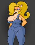 anthro big_breasts bite biting_lip biting_own_lip blonde_hair blue_eyes breasts cleavage clothed clothing female hair huge_breasts looking_aside overalls self_bite solo wide_hips detnox activision crash_bandicoot_(series) coco_bandicoot bandicoot mammal marsupial