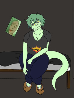 anthro bed bedding bedroom big_breasts biped black_clothing black_shirt black_topwear blue_bottomwear blue_clothing blue_pants bottomwear breasts clothed clothed_anthro clothed_female clothing female fingers footwear furniture green_body green_hair grey_background grey_eyes hair head_tilt humanoid_hands inside long_tail naughty_face nipple_outline non-mammal_breasts pants shirt shoes short_hair simple_background sitting slippers smile smirk solo tail thick_thighs topwear wide_hips yellow_sclera hantu_hyena cavemanon_studios dinosaur_adventure i_wani_hug_that_gator olivia_halford oro_(dinosaur_adventure) baryonyx dinosaur orodromeus prehistoric_species reptile saurischian scalie spinosaurid theropod 2024 3:4 colored hi_res meme