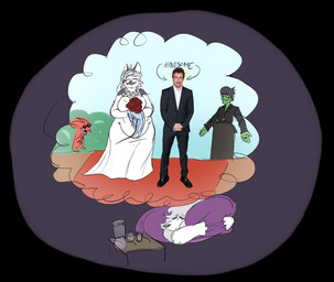 anthro bodily_fluids braces crying dream duo female male nerd obese obese_female overweight overweight_female pregnant pregnant_female sleeping tears tears_of_joy wedding bigtrog84 gorillaz hellaverse helluva_boss mythology blitzo_(helluva_boss) fernando_alonso loona_(helluva_boss) murdoc_niccals canid canid_demon canine demon hellhound human mammal mythological_canine mythological_creature hi_res