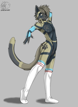 anthro blue_body blue_fur brown_body brown_fur brown_hair brown_nose clothing femboy footwear fur hair male nails socks solo allartskye felid feline mammal hi_res