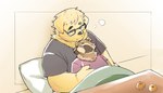 bedding blanket brown_body clothing duo eyes_closed eyewear food fruit furniture glasses kotatsu lying male plant shirt size_difference sleeping slightly_chubby table tangerine_(fruit) topwear inunoshippo canid canine canis domestic_dog mammal procyonid raccoon