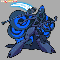 2_faces 8_arms blue_eyes blue_hair clothed clothing cloven_hooves curly_hair digitigrade female fusion gem hair hooves markings melee_weapon multi_arm multi_face multi_limb not_furry polearm rock scythe solo text weapon thediamond637 cartoon_network steven_universe blue_sheen_obsidian_(thediamond637) fan_character alien alien_humanoid elemental_creature gem_(species) gem_fusion humanoid mammal mineral_fauna obsidian_(gem_species) rock_creature 1:1 digital_media_(artwork) english_text hi_res