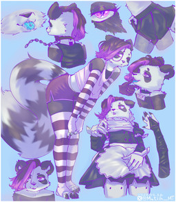 anthro bdsm bdsm_collar bedroom_eyes bent_over big_tail black_body black_clothing black_fur black_gloves black_handwear blue_background blue_eyes blush border bottomwear butt butt_focus chain claws clothed clothing collar crop_top eye_focus fingerless_gloves fluffy fluffy_tail fur gloves glowing glowing_eyes hair hand_focus handwear heart_pupils heart_symbol heterochromia hotpants leash legwear licking looking_at_viewer looking_back maid_apron maid_uniform male markings midriff multiple_angles multiple_outfits narrowed_eyes open_mouth outfit_variation pattern_bottomwear pattern_clothing pattern_legwear pattern_shorts pawpads petplay presenting profile purple_eyes purple_hair rear_view roleplay seductive shirt shorts simple_background skimpy smile solo striped_bottomwear striped_clothing striped_legwear striped_markings striped_shorts striped_tail striped_thighhighs stripes suggestive tail tail_focus tail_markings thick_thighs thigh_highs tongue tongue_out topwear toy_tag uniform white_body white_border white_fur wide_hips matiih matthew_sano_(matiih) bear giant_panda mammal 2026 bust_portrait digital_media_(artwork) hi_res model_sheet portrait