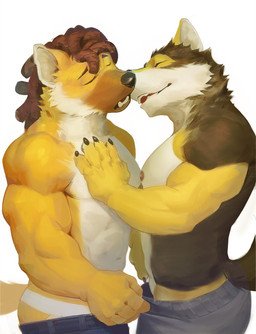 anthro clothed clothing dreadlocks duo eyes_closed fur incoming_kiss jockstrap kissing making_out male male/male muscular muscular_male simple_background tail touching_chest underwear undressing_another undressing_partner white_background white_body white_fur yellow_body yellow_fur red8ean beau_(red8ean) canid canine canis domestic_dog german_shepherd herding_dog mammal pastoral_dog hi_res
