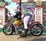 anthro bent_over big_breasts big_butt black_clothing black_jacket black_topwear boots bottomwear breasts butt clothing female flame_pattern footwear gas_station gesture gloves hand_gesture handwear hotpants jacket looking_at_viewer motorcycle outside purple_body shoes shorts solo tail text thick_thighs topwear v_sign vehicle yellow_eyes bustin3d chevrolet chevrolet_bel_air harley_davidson sega sonic_the_hedgehog_(series) blaze_the_cat felid feline mammal 2024 3d_(artwork) absurd_res digital_media_(artwork) english_text hi_res huge_filesize