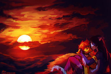 anthro cloud collar detailed_background duo eyes_closed female kissing male male/female nude outside sitting sunset tongue tongue_out reilukah canid canine felid mammal digital_media_(artwork) shaded