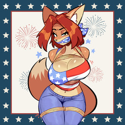 anthro bdsm big_breasts bondage bottomwear bound breasts captured cloth_gag clothing crop_top curvy_figure damsel_in_distress denim denim_bottomwear denim_clothing female fur gag green_eyes hair holidays jeans looking_at_viewer orange_body orange_fur pants patriotic_clothing red_hair restraints rope rope_bondage shirt solo tail thick_thighs topwear jamoart 4th_of_july scarlett_(furrybound) canid canine fox mammal 1:1