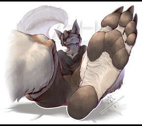 anthro barefoot black_bars claws clothing feet foot_focus fur humanoid_feet looking_at_viewer male pawpads paws plantigrade smile soles solo tail toes kredri canid canine fox mammal letterbox