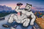 anthro balls black_stripes cargo_ship city city_background erection foreskin fur genitals humanoid_genitalia humanoid_penis larger_anthro larger_male macro male merchant_ship muscular nipples nude outside penis pink_nipples port ship sitting size_difference solo stripes vehicle watercraft white_body white_fur gevual felid feline mammal pantherine tiger