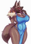 anthro big_breasts biped blush breasts brown_body brown_fur cake cleavage clothed clothing dessert dress female food fur green_eyes kemono looking_at_viewer simple_background solo swimwear white_background asutatinn61 keisatsu_dog_(sususuigi) canid canine canis domestic_dog mammal absurd_res hi_res