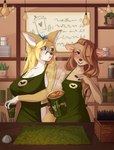 accessory anthro apron apron_only bell big_breasts biped blonde_hair blue_bow blue_eyes bow_ribbon breasts brown_eyes brown_hair clothing coffee_cup coffee_shop container cup duo eyebrows eyelashes female female_anthro green_apron green_clothing hair hair_accessory hair_bow hair_ribbon holding_coffee_cup holding_container holding_cup holding_object huge_breasts inside light_bulb looking_at_viewer one_eye_closed open_mouth open_smile ribbons small_breasts smile smiling_at_viewer standing steam wink winking_at_viewer lannykim21 tvmob del.e.ted_(character) canid canine deer fennec_fox fox mammal true_fox 2023 absurd_res hi_res