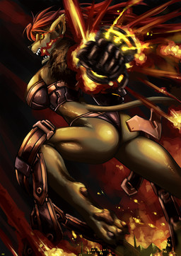 action_pose angry anthro armor attack bikini_armor bikini_plate biped black_body black_fur black_nose breasts breath_powers building burning_building butt claws clothed clothing digitigrade elemental_manipulation explosion fangs female fire fire_breathing fire_manipulation fur gauntlets gloves greaves green_eyes hair handwear jumping long_hair lunge midair open_mouth pawpads paws pose pyramid red_hair side_view skimpy solo sparks tail teeth unconvincing_armor weapon yellow_eyes yellow_sclera link2004 domestic_cat felid feline felis mammal 2014 digital_media_(artwork) full-length_portrait hi_res portrait