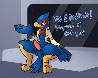 anthro balls beak bed blue_body bodily_fluids bottomless clothed clothing cum dripping erection feathers feet furniture genital_fluids genitals green_eyes inviting jacket jacket_only male penis precum precum_drip scarf solo space talons text toes tongue topwear topwear_only winged_arms wings otterjunk nintendo star_fox falco_lombardi avian bird 5:4 hi_res