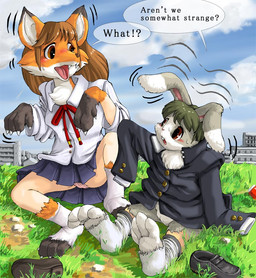 anthro clothing duo female footwear legwear male outside panties panty_shot paws school socks species_transformation teeth text transformation underwear edmol canid canine fox human lagomorph leporid mammal rabbit 2004 broken_language english_text