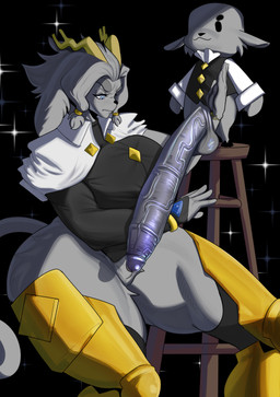 5_fingers accessory anthro antlers armwear balls big_balls big_breasts big_butt big_penis black_armwear black_clothing black_eyes black_gloves black_handwear black_hooves black_legwear black_topwear black_vest bracelet breasts butt cloak clothed clothing crotch_tuft dot_eyes duo erection eyebrows featureless_crotch female fingerless_gloves fingers genitals glans gloves grey_balls grey_eyes grey_glans grey_hair grey_penis hair hair_accessory hairband half-closed_eyes handwear hooves horn huge_balls huge_breasts huge_butt huge_penis huge_thighs humanoid_genitalia humanoid_hands humanoid_penis hyper hyper_genitalia hyper_penis jewelry larger_anthro larger_female legwear looking_down male narrowed_eyes pantsless penis pose pupils saggy_balls shirt simple_eyes size_difference small_but_hung smaller_anthro smaller_male star thick_eyebrows thick_thighs tight_clothing topwear tuft vein veiny_penis vest white_cloak white_clothing white_shirt white_topwear yellow_antlers yellow_clothing yellow_legwear nicoguer pseudoregalia butler_(pseudoregalia) sybil_(pseudoregalia) bovid caprine goat mammal 2025 absurd_res hi_res
