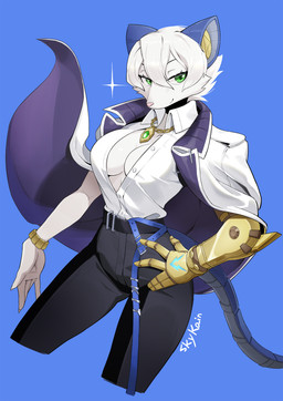 5_fingers anthro belt biped bottomwear breasts clothed clothed_anthro clothed_female clothing collared_shirt cybernetic_arm cybernetic_limb dress_shirt female fingers front_view fully_clothed fully_clothed_anthro fully_clothed_female fur green_eyes hair looking_at_viewer open_clothing open_shirt open_topwear pants shirt simple_background smile solo tail topwear white_body white_fur white_hair skykain warhammer_(franchise) ikit_claw mammal rodent skaven 2025 digital_drawing_(artwork) digital_media_(artwork) hi_res
