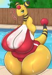 anthro areola areola_slip big_breasts biped black_body black_tail breasts camel_toe clothing detailed_background female green_eyes huge_breasts looking_at_viewer multicolored_body multicolored_tail one-piece_swimsuit overweight overweight_anthro overweight_female pink_areola pool question_mark red_body solo swimwear tail thick_thighs white_body wide_hips yellow_body yellow_tail pandashorts nintendo pokemon ampharos generation_2_pokemon pokemon_(species) hi_res