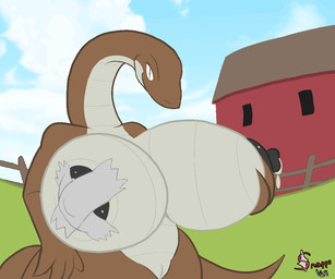 anthro apode areola big_breasts big_nipples black_nipples bodily_fluids breast_grab breast_milking breast_squeeze breast_squish breasts brown_body detailed_background female genitals hand_on_breast holding_breast huge_breasts huge_nipples lactating legless looking_at_viewer milk nipple_tape nipples non-mammal_breasts non-mammal_lactation non-mammal_nipples pasties smile solo squeezing squish tape vulva snapps reptile scalie snake 6:5 animated loop seamless_loop