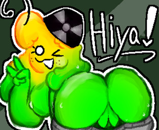 :3 antennae_(anatomy) bodily_fluids bottomwear breasts butt clothing female freckled_face freckles gesture gloo_(absolutetart) hand_gesture happy looking_at_viewer nipples one_eye_closed pants side_boob side_view simple_background slime solo sweat sweatdrop sweatpants text undressing undressing_self v_sign vaginal wink absolutetart gastropod goo_creature mollusk slug