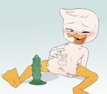 anthro anus balls blush dildo genitals looking_pleasured male nubbed_dildo nude penis sex_toy simple_background small_penis solo textured_dildo young young_anthro young_male threek disney ducktales ducktales_(2017) louie_duck anatid anseriform avian bird duck