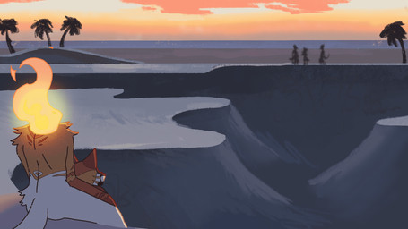 anthro beach biped detachable detachable_head fire flaming_neck fur fur_markings markings multicolored_body multicolored_fur orange_body orange_ears orange_fur outside skate_park solo_focus tail two_tone_body two_tone_fur white_body white_fur white_tail nowheremotel european_mythology irish_mythology mythology charlie_(nowheremotel) dullahan felid feline felis jungle_cat mammal 16:9 animated hi_res widescreen trans_(lore) trans_man_(lore)