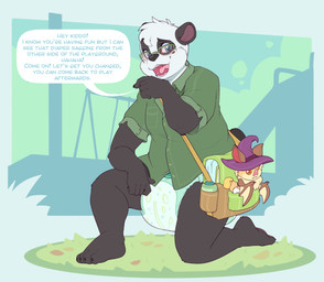 4_toes 5_fingers ambiguous_gender anthro baby_powder bag big_diaper black_body black_claws black_ears black_finger_claws black_fur black_nose black_spots black_tail black_toe_claws blue_border blush blush_lines border character_plushie claws clean_diaper clothed clothing collared_shirt dialogue diaper diaper_bag dress_shirt eyewear fangs feet finger_claws fingers folded_diaper fur glasses grass green_clothing green_eyewear green_glasses green_shirt green_topwear hand_on_chin kneeling laugh markings multicolored_body multicolored_fur on_one_knee open_mouth open_smile outside plant plushie purple_inner_ear rectangular_glasses scut_tail shirt short_tail slide smile solo speech_bubble spots spotted_body spotted_face spotted_fur swingset tail talking_to_viewer teeth text three-quarter_view toe_claws toes topwear two_tone_body two_tone_fur wearing_diaper wearing_glasses wetness_indicator white_body white_fur young_pov bubblepuppers archmage_myst_(daxter131) capri_(paddedcapri) bear giant_panda mammal 2026 english_text full-length_portrait hi_res portrait