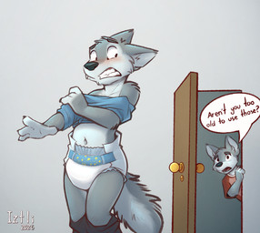 4_fingers anthro awkward biped blush caught_in_the_act clean_diaper clenched_teeth clothed clothing diaper digitigrade door door_handle doorknob duo fangs fingers front_view fur grey_body grey_fur looking_at_another looking_at_partner male male_anthro navel open_door open_mouth shirt shota speech_bubble standing teeth text topwear undressing wearing_diaper young young_anthro young_male iztli canid canine canis mammal wolf 2026 artist_name english_text hi_res remake signature brother_(lore) brothers_(lore) sibling_(lore)