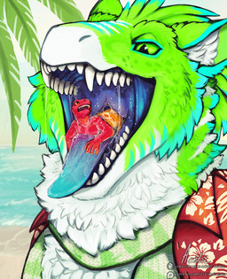 anthro blue_tongue bodily_fluids cheek_tuft clothed clothing duo facial_tuft front_view fur glistening glistening_eyes green_body green_eyes green_fur imminent_vore male male_anthro mouth_shot on_tongue open_clothing open_mouth open_topwear outside palm_leaves pupils red_body red_clothing red_skin red_topwear saliva saliva_on_arm saliva_on_chest saliva_string sharp_teeth sky slim_anthro slim_male slit_pupils teeth tongue tongue_out topwear tuft vore water white_body white_fur yellow_eyes acidic mythology dragon furred_dragon furred_scalie mythological_creature mythological_scalie scalie hi_res signature
